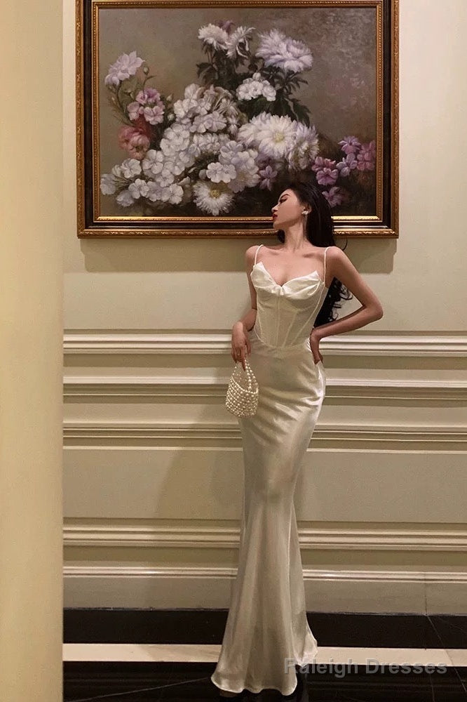 Sheath Spaghetti Straps White Prom Dress Long Birthday Outfits