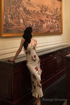 Sheath Spaghetti Straps White Satin Red Floral Prom Dress Long Birthday Outfit