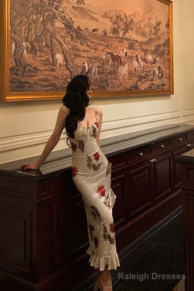 Sheath Spaghetti Straps White Satin Red Floral Prom Dress Long Birthday Outfit