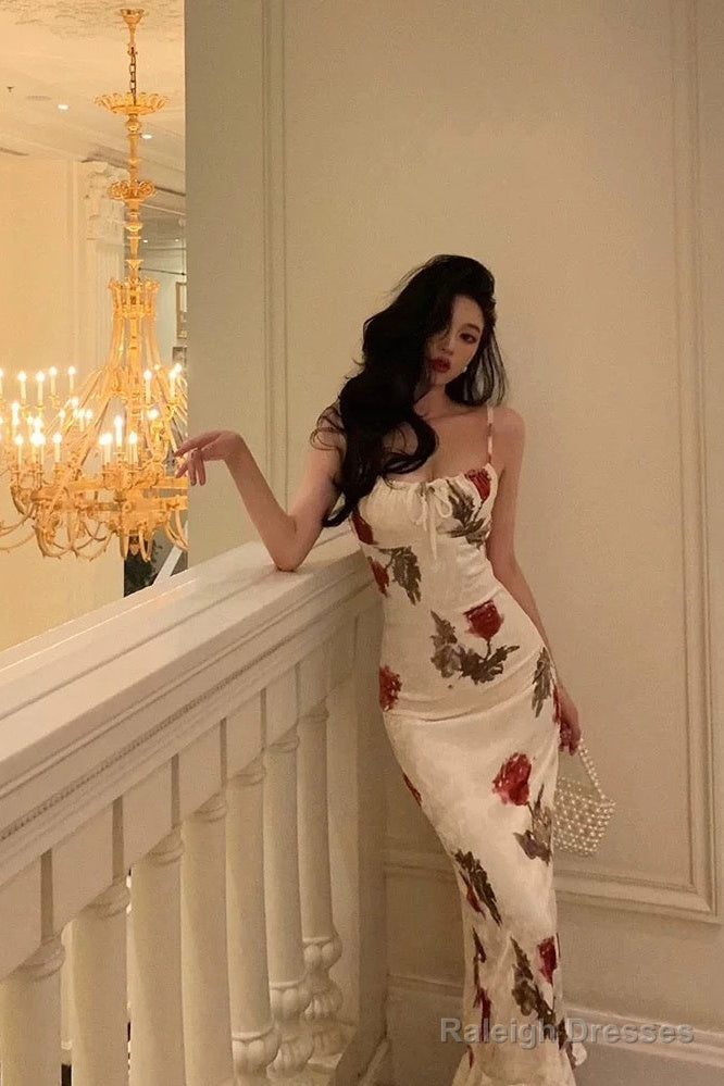 Sheath Spaghetti Straps White Satin Red Floral Prom Dress Long Birthday Outfit