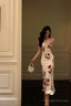 Sheath Spaghetti Straps White Satin Red Floral Prom Dress Long Birthday Outfit