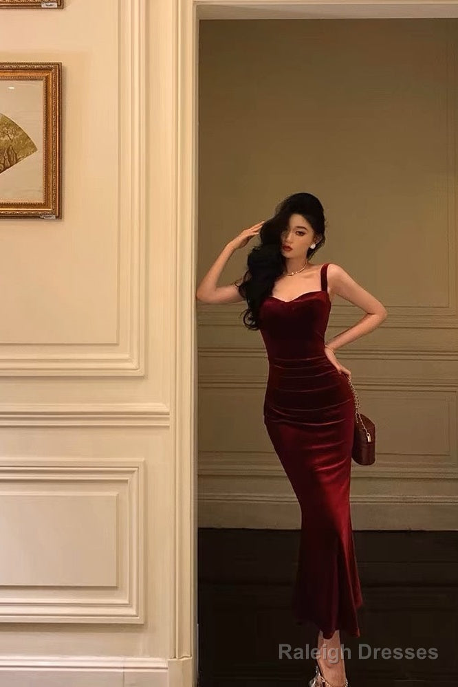 Sexy Sheath Square Neckline Burgundy Velvet Date Night Dress Prom Dresses Birthday Outfits