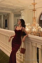 Sexy Sheath Square Neckline Burgundy Velvet Date Night Dress Prom Dresses Birthday Outfits