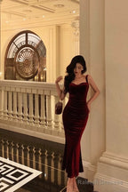 Sexy Sheath Square Neckline Burgundy Velvet Date Night Dress Prom Dresses Birthday Outfits