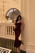 Sexy Sheath Square Neckline Burgundy Velvet Date Night Dress Prom Dresses Birthday Outfits