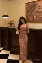 Sexy Sheath Square Neckline Floral Pink Prom Dresses Birthday Outfits Evening Gown