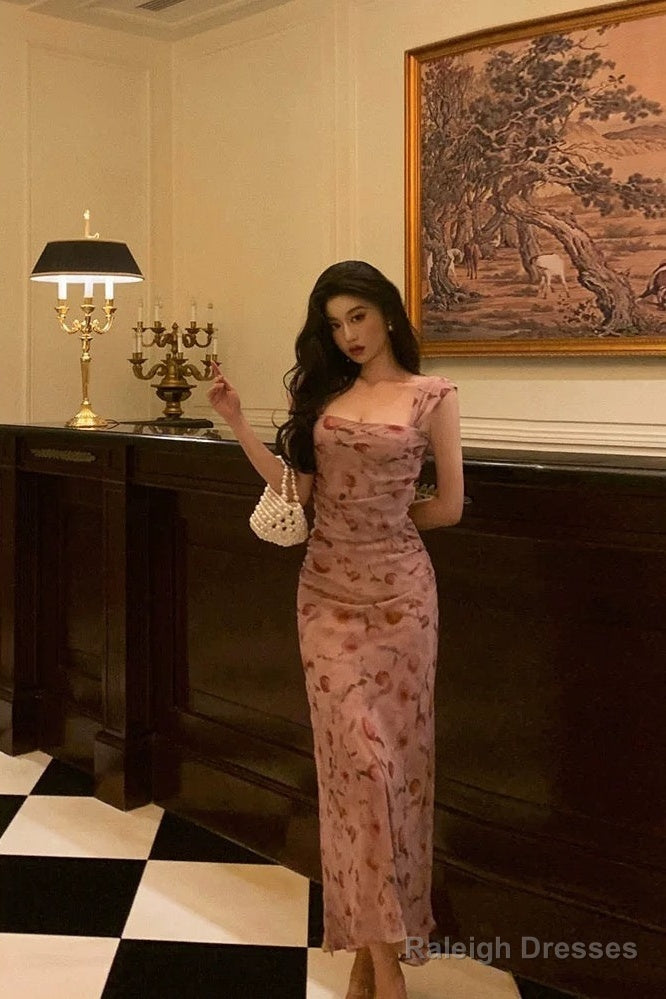 Sexy Sheath Square Neckline Floral Pink Prom Dresses Birthday Outfits Evening Gown Main image