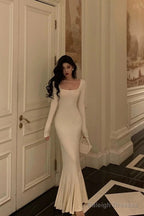 Sexy Sheath Square Neckline Ivory Long Prom Dresses Birthday Outfits Evening Gown