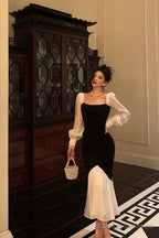 Sexy Sheath Square Neckline Long Sleeves Black Prom Dresses Birthday Outfits With Ruffle