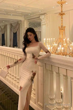 Sexy Sheath Square Neckline Long Sleeves Slit Floral Prom Dresses Birthday Dress