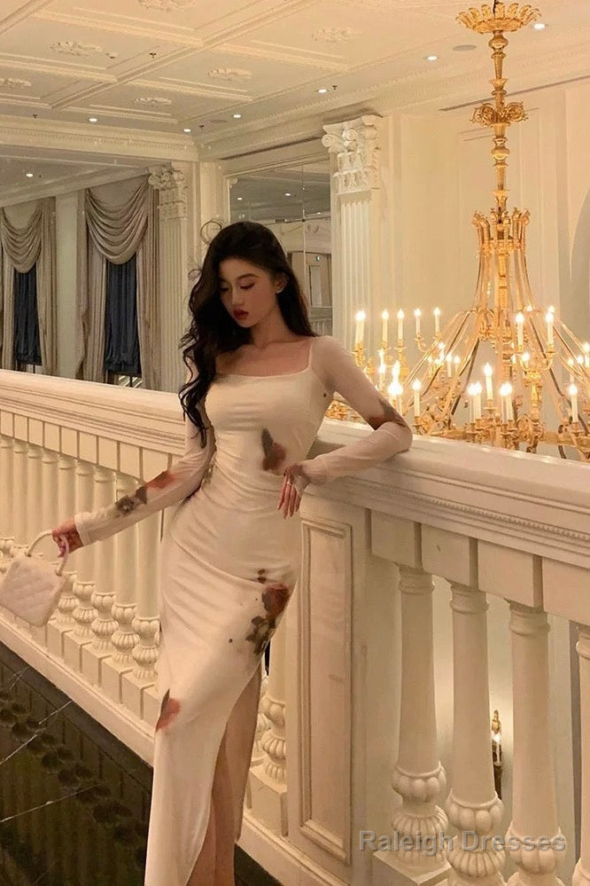 Sexy Sheath Square Neckline Long Sleeves Slit Floral Prom Dresses Birthday Dress