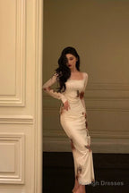 Sexy Sheath Square Neckline Long Sleeves Slit Floral Prom Dresses Birthday Dress