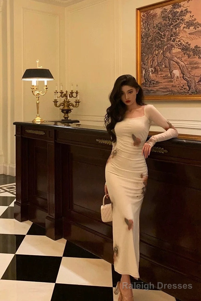 Sexy Sheath Square Neckline Long Sleeves Slit Floral Prom Dresses Birthday Dress Main image