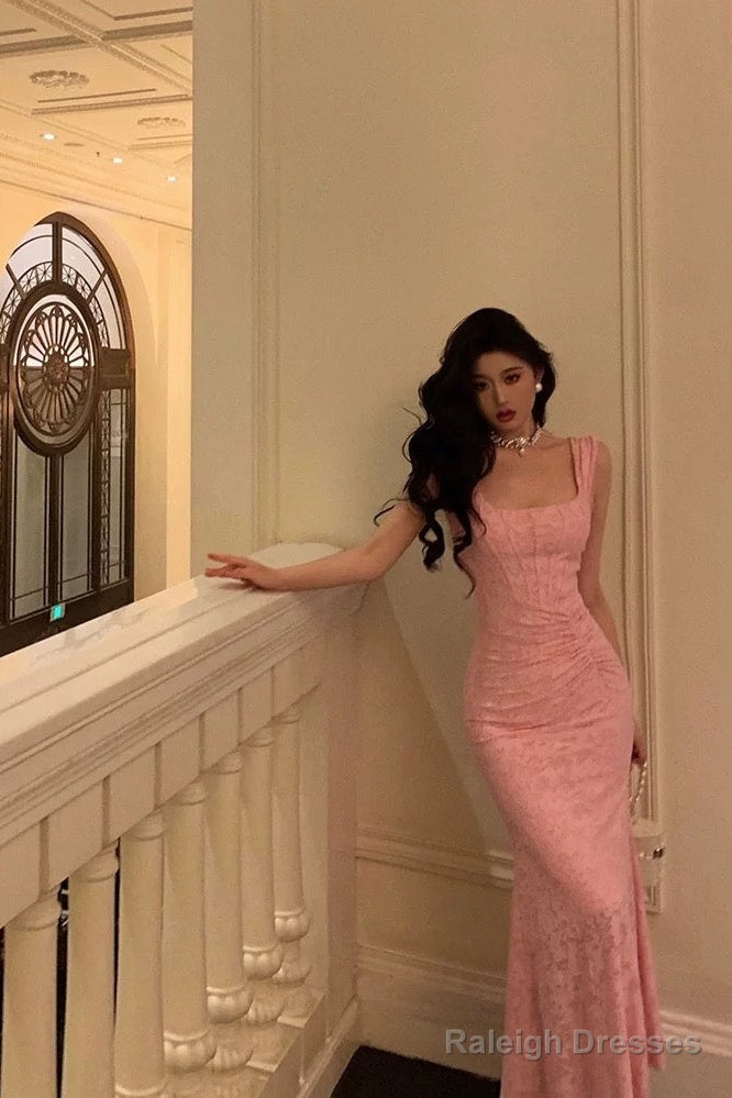 Sexy Sheath Square Neckline Pink Lace Prom Dresses Birthday Outfits