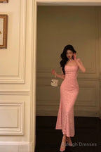 Sexy Sheath Square Neckline Pink Lace Prom Dresses Birthday Outfits