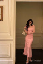 Sexy Sheath Square Neckline Pink Lace Prom Dresses Birthday Outfits