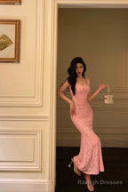 Sexy Sheath Square Neckline Pink Lace Prom Dresses Birthday Outfits