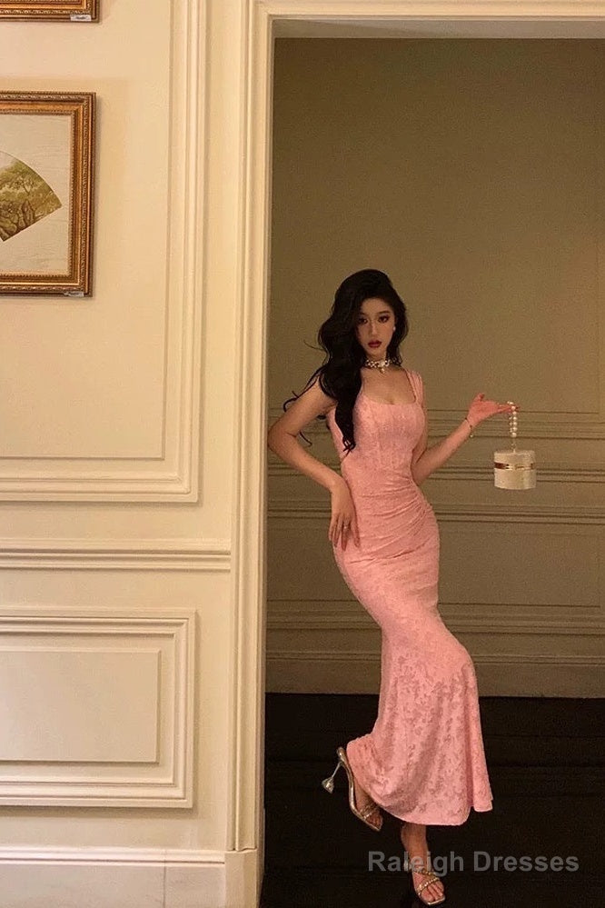 Sexy Sheath Square Neckline Pink Lace Prom Dresses Birthday Outfits