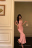 Sexy Sheath Square Neckline Pink Lace Prom Dresses Birthday Outfits