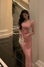 Sexy Sheath Square Neckline Pink Prom Dresses Slit Birthday Outfits Evening Gown