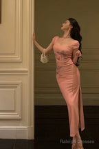 Sexy Sheath Square Neckline Pink Prom Dresses Slit Birthday Outfits Evening Gown