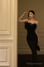 Sexy Sheath Strapless Black Satin Feather Prom Dresses Birthday Outfits