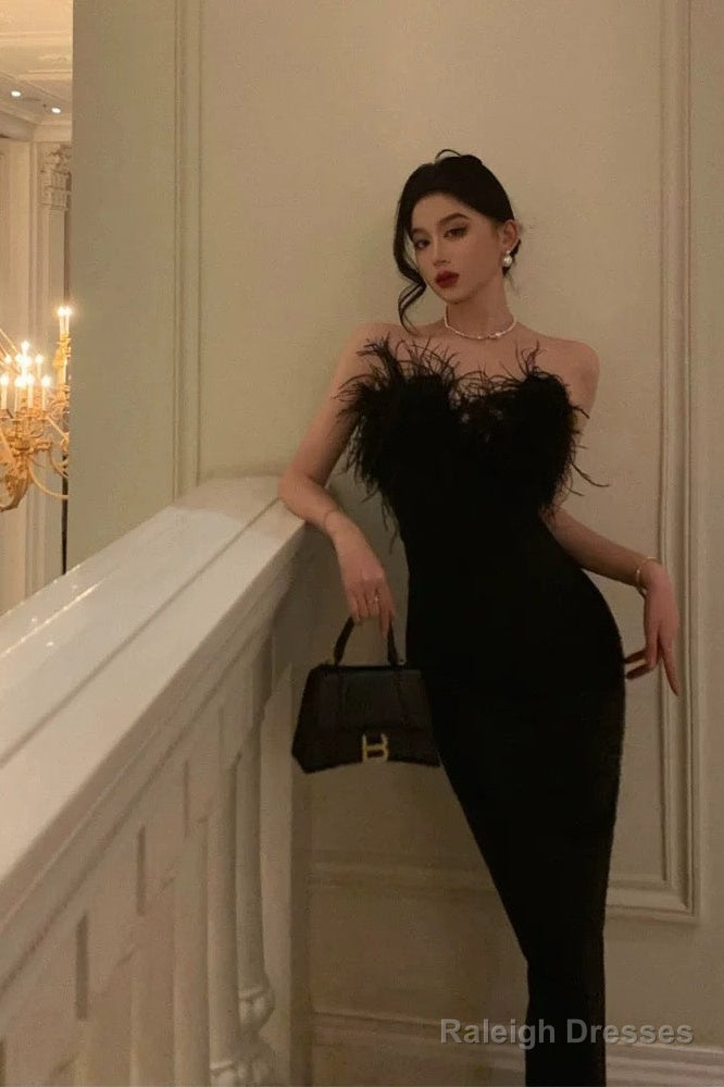 Sexy Sheath Strapless Black Satin Feather Prom Dresses Birthday Outfits