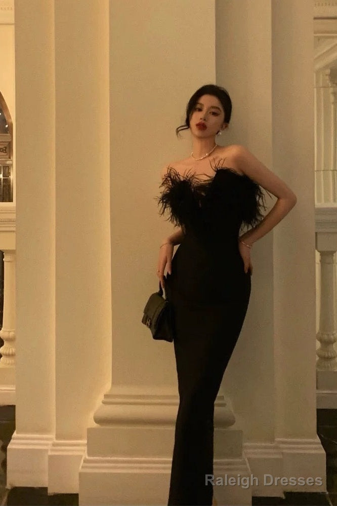 Sexy Sheath Strapless Black Satin Feather Prom Dresses Birthday Outfits