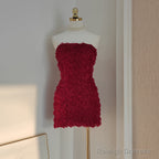 Sexy Sheath Strapless Burgundy Tulle Travel Vacation Dresses Short Birthday Dress