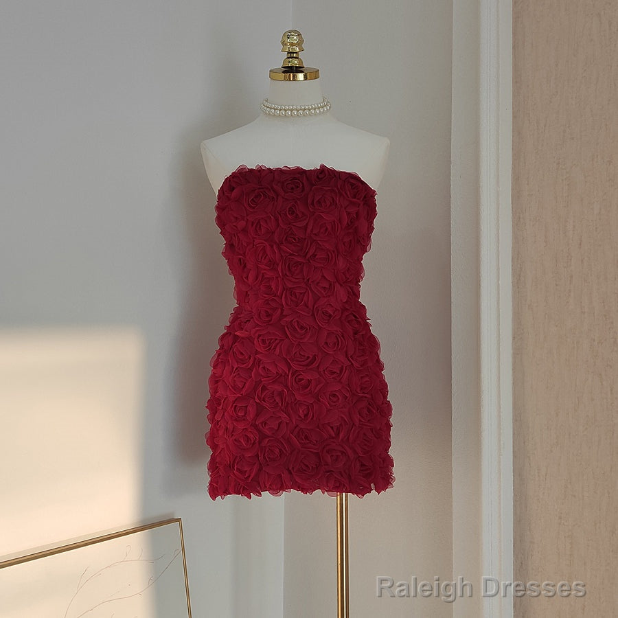Sexy Sheath Strapless Burgundy Tulle Travel Vacation Dresses Short Birthday Dress