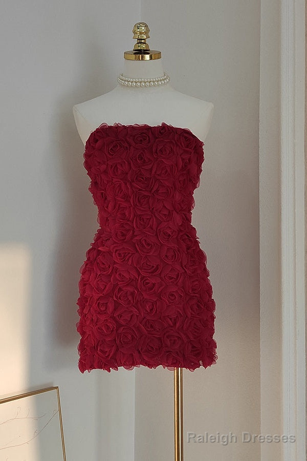 Sexy Sheath Strapless Burgundy Tulle Travel Vacation Dresses Short Birthday Dress Main image