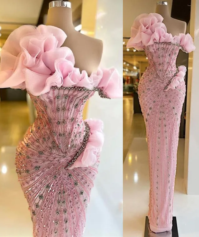 Sexy Sheath Strapless Pink Long Prom Dresses Evening Dress With Beads Secondary image