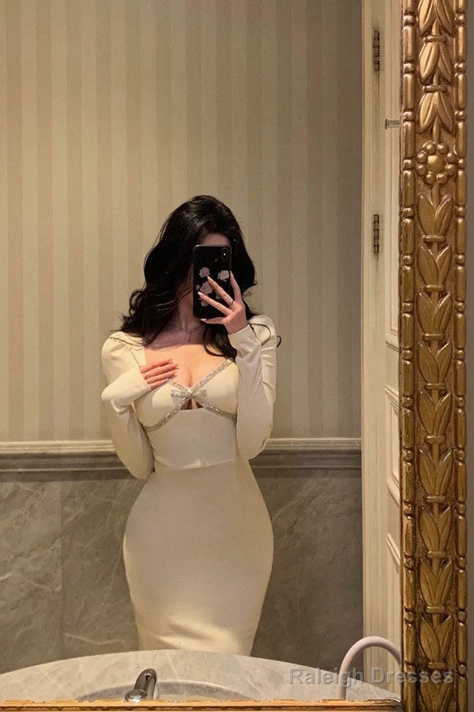 Sexy Sheath Strapless White Long Sleeves Prom Dresses Birthday Outfits Evening Gown