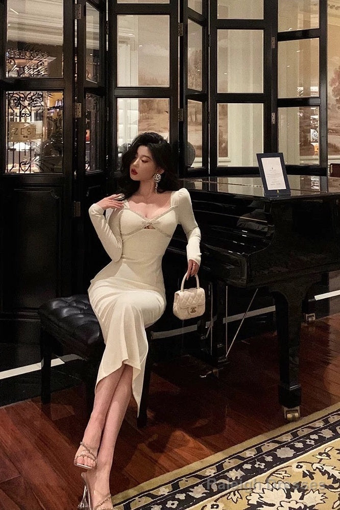 Sexy Sheath Strapless White Long Sleeves Prom Dresses Birthday Outfits Evening Gown