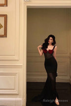 Sexy Sheath Straps Black Long Velvet Prom Dresses Birthday Outfits