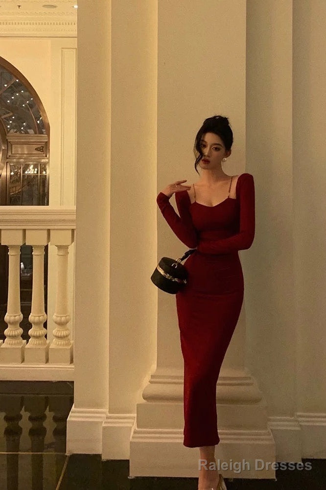 Sexy Sheath Straps Burgundy Long Sleeves Prom Dresses Birthday Outfits Secondary image