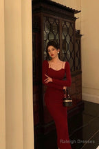 Sexy Sheath Straps Burgundy Long Sleeves Prom Dresses Birthday Outfits