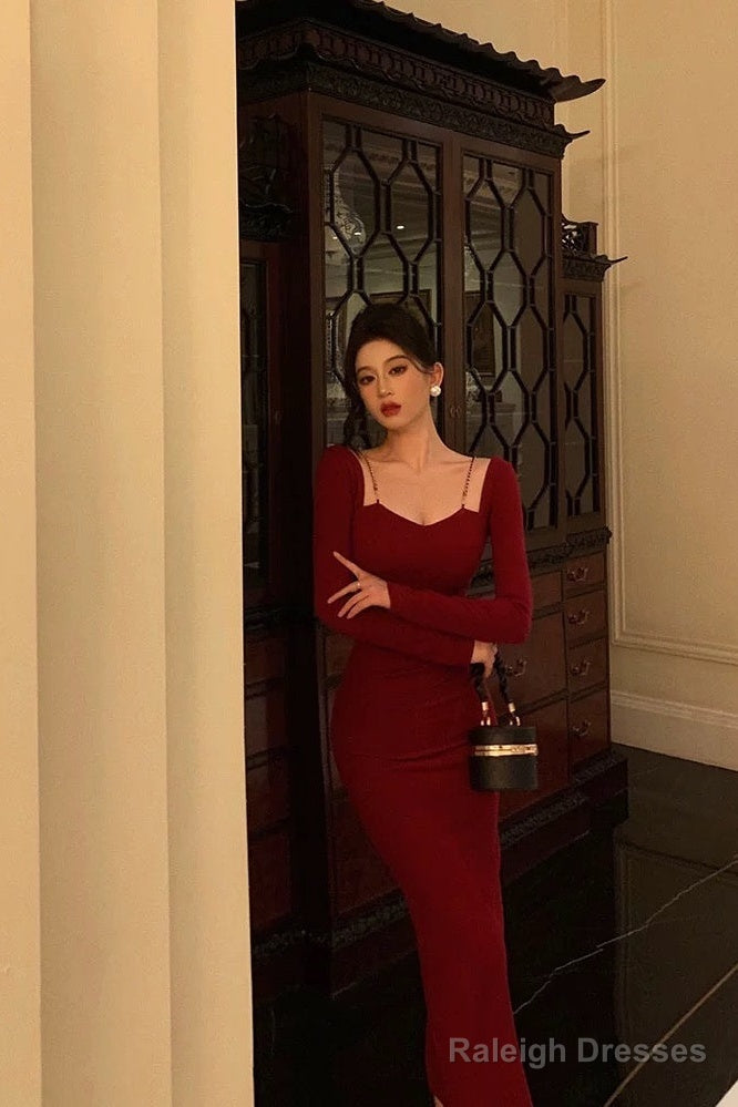 Sexy Sheath Straps Burgundy Long Sleeves Prom Dresses Birthday Outfits