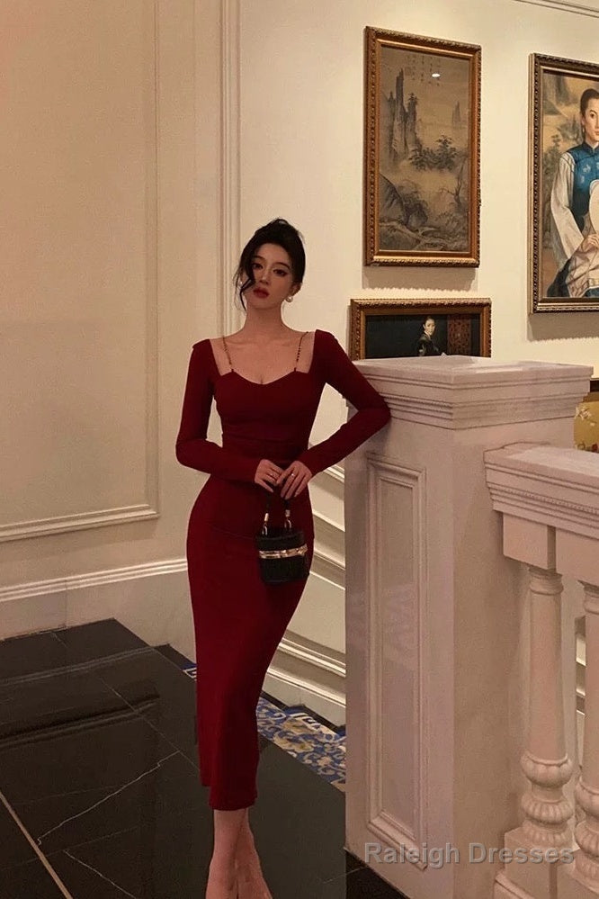 Sexy Sheath Straps Burgundy Long Sleeves Prom Dresses Birthday Outfits Main image