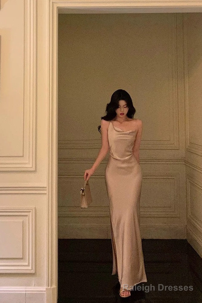 Sexy Sheath Straps Champagne Slit Prom Dresses Long Birthday Outfits