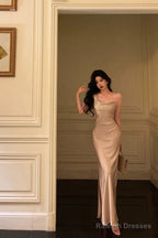 Sexy Sheath Straps Champagne Slit Prom Dresses Long Birthday Outfits