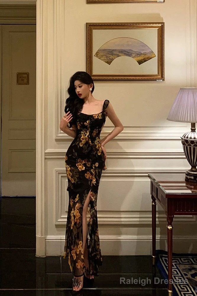 Sexy Sheath Straps Floral Chiffon Slit Long Prom Dresses Birthday Outfits