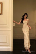 Sexy Sheath Straps Floral Satin Prom Dresses Birthday Outfits Evening Gown