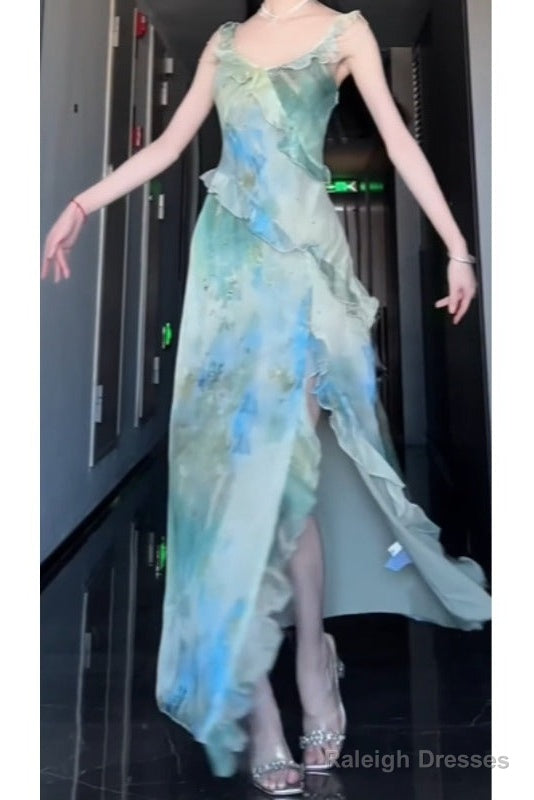 Sexy Sheath Straps Green Floral Beach Dress WomenS Vacation Dresses Birthday Dress