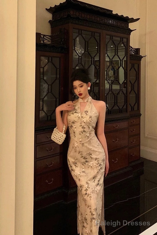 Sexy Sheath Straps Halter Floral Satin Prom Dresses Birthday Outfits Evening Gown