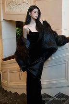 Sheath Straps Long Black Prom Dress