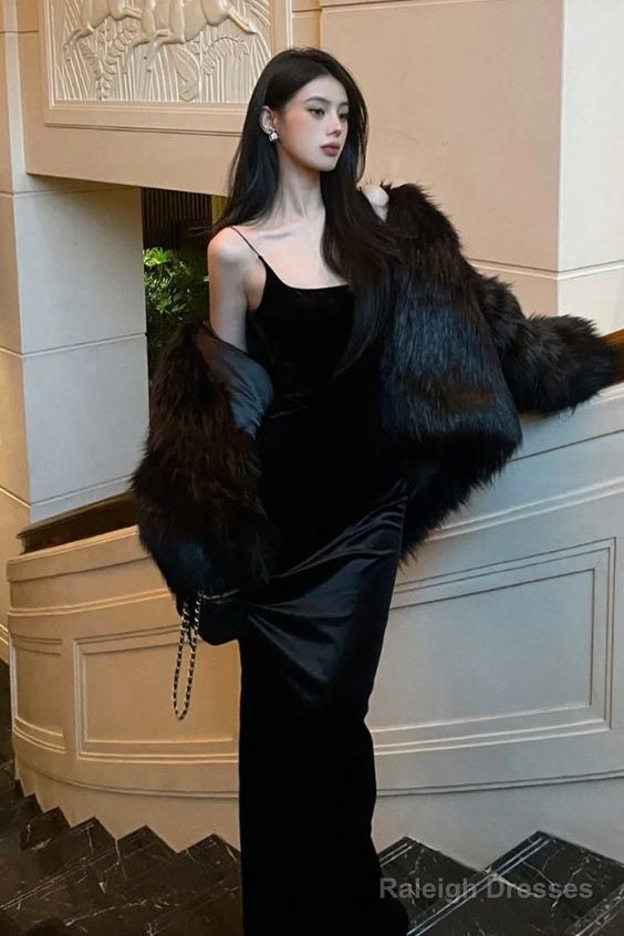 Sheath Straps Long Black Prom Dress