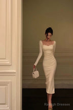 Sexy Sheath Straps Long Sleeves White Ankle Length Prom Dresses Birthday Dress