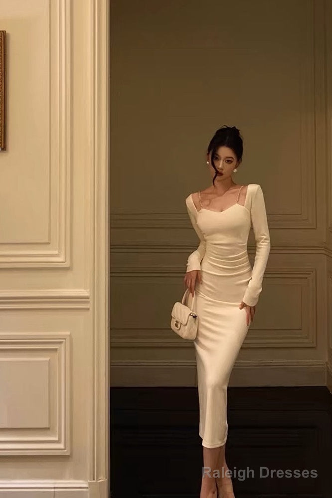 Sexy Sheath Straps Long Sleeves White Ankle Length Prom Dresses Birthday Dress