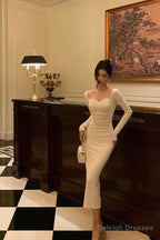 Sexy Sheath Straps Long Sleeves White Ankle Length Prom Dresses Birthday Dress